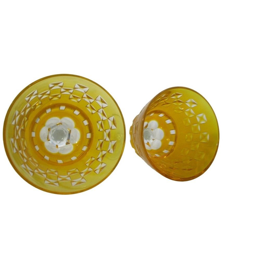Vintage Bohemian Yellow Cased Cut to Clear X in Square Pattern Wine Pair - Picture 8 of 12